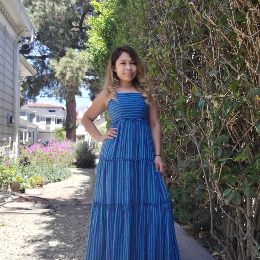 Oliphant Blue and Green Striped Maxi Dress